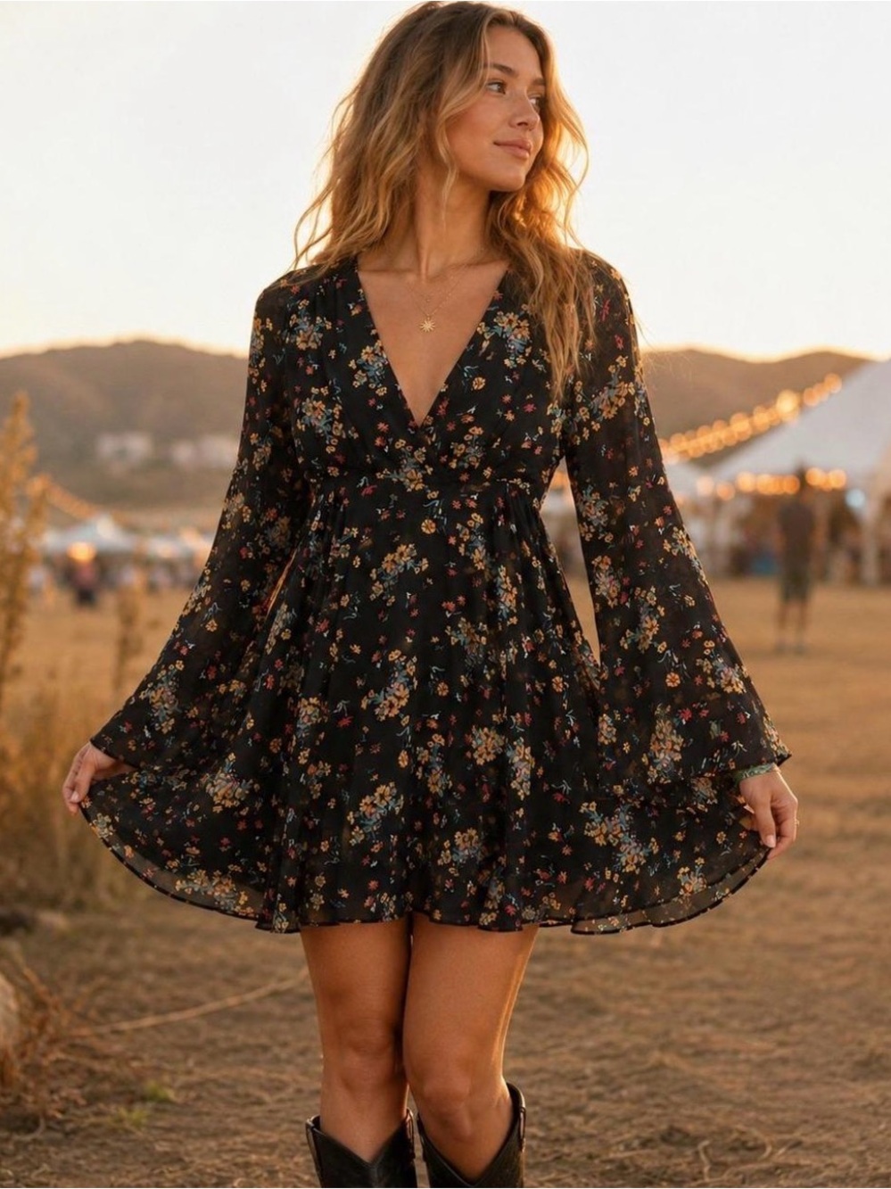 ✨🌸 Free People Boho Black Floral Lilou Dress Size XS Flowy Mini Dress 🌸✨